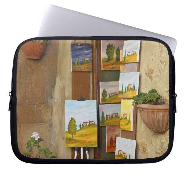 Small shope with artwork for sale on sidewalk laptop sleeve (Front)