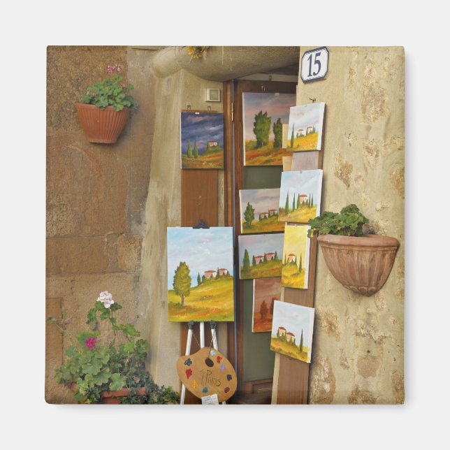 Small shope with artwork for sale on sidewalk magnet (Front)