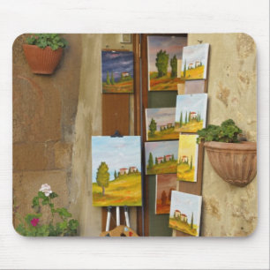 Small shope with artwork for sale on sidewalk mouse mat