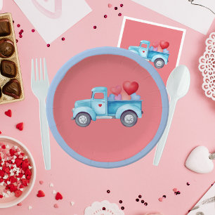Small Single Blue Truck Valentine Party Paper Plate