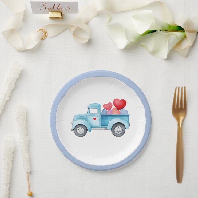 Small Single Blue Truck Valentine Party Paper Plate (Wedding)