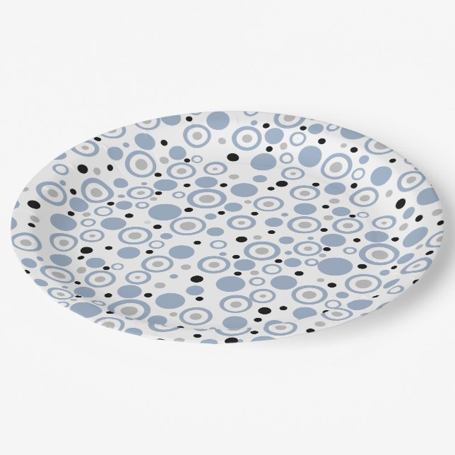 Small Slate Blue Silver Black Polka Dots Paper Plate (Angled)