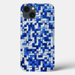 Small squares overlap, shades of blue with white iPhone 13 case