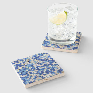 Small squares scattered, tones of blue with white stone coaster
