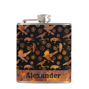 Small Steampunk Colourful Rusty Gears and Crows Hip Flask