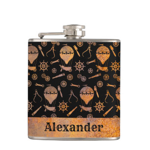 Small Steampunk Rusty Balloon Theme Custom Name Hip Flask