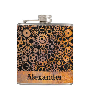 Small Steampunk Rusty Gears Custom Name Hip Flask