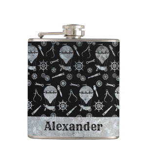 Small Steampunk Silver Zinc Balloon Custom Name Hip Flask