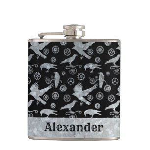 Small Steampunk Silver Zinc Gears and Crows Custom Hip Flask