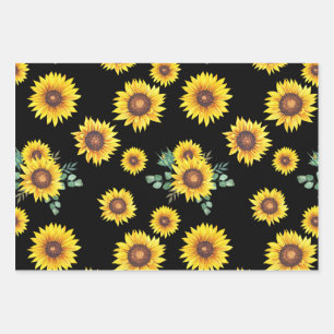 Small Sunflower pattern on black Background Wrapping Paper Sheet