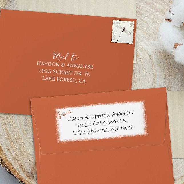 Small Terracotta Orange, Addressed RSVP Envelope (Terracotta RSVP envelope with address printed on front. Pre-addressed wedding return mail envelope)
