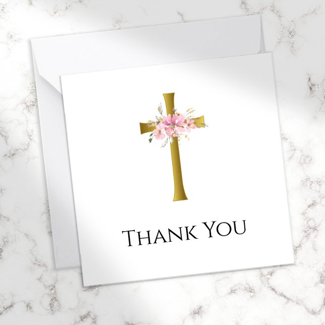 Small Thank You Pink Floral Gold Cross Funeral Card (Creator Uploaded)