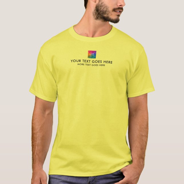 Small Tiny Text Upload Photo to Mens Modern Yellow T-Shirt (Front)