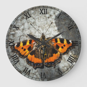 Small Tortoiseshell Orange Butterfly Grunge Art Large Clock