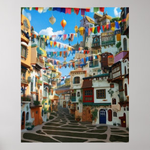 Small Tourist town many colourful houses Lights Po Poster