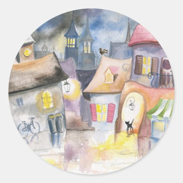 Small town at night classic round sticker (Front)