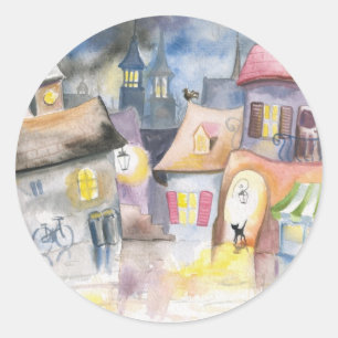 Small town at night classic round sticker
