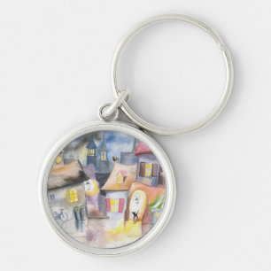 Small town at night key ring