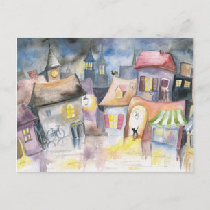 Small town at night postcard