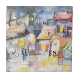 Small town at night tile