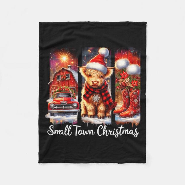 Small Town Christmas Highland Cow Western Art  Fleece Blanket (Front)