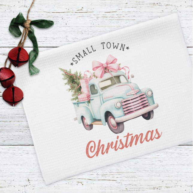 Small Town Christmas Pink Truck Christmas  Tea Towel (Creator Uploaded)
