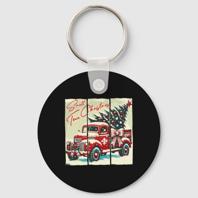 Small Town Christmas Red Truck Christmas Tree Vint Key Ring (Front)