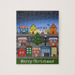 Small Town Neighbourhood | Merry Christmas Jigsaw Puzzle<br><div class="desc">Colourful and bright small town neighbourhood with a traditional Christmas tree in the middle. This design has two main versions, one depicting the town during daylight including a rainbow and sun and the other one at nighttime depicting a starry sky. Check out the different puzzle sizes for puzzle difficulty and...</div>