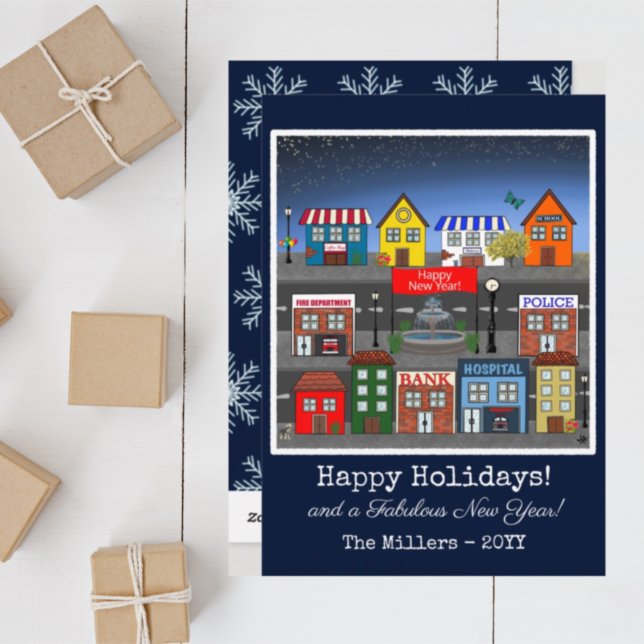 Small Town Neighbourhood Nighttime | Navy Blue Holiday Card (Creator Uploaded)