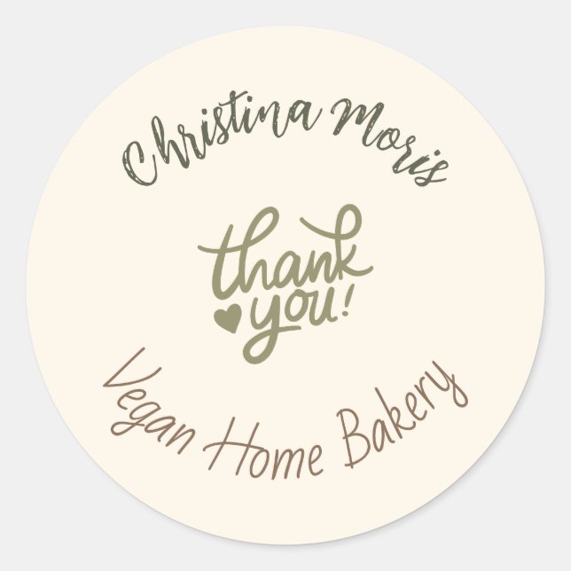 Small Vegan Home Bakery Thank You Classic Round Sticker (Front)