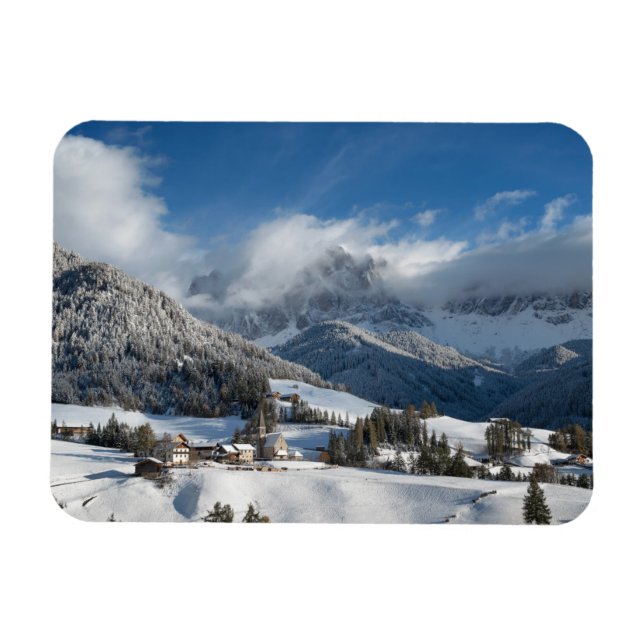 Small village with Dolomites mountains in the snow Magnet (Horizontal)