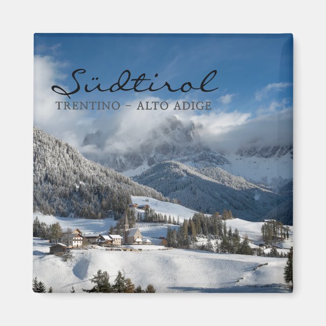 Small village with Dolomites mountains in the snow Magnet (Front)