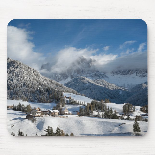 Small village with Dolomites mountains in the snow Mouse Mat (Front)