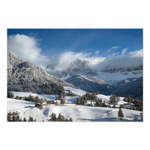 Small village with Dolomites mountains in the snow Photo Print