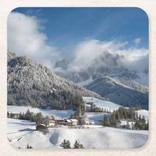 Small village with Dolomites mountains in the snow Square Paper Coaster