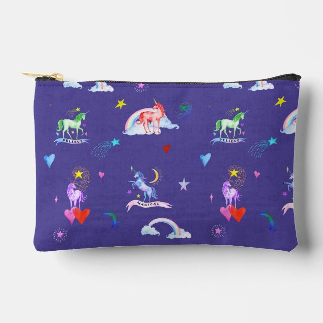 Small Watercolor Unicorns Accessory Pouch (Front)