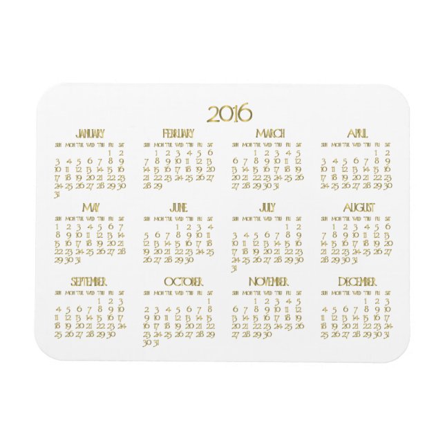 Small White And Gold Yearly Calendar 2016 Magnets (Horizontal)
