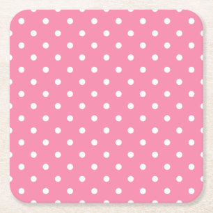 Small White Polka Dots on hot pink Square Paper Coaster