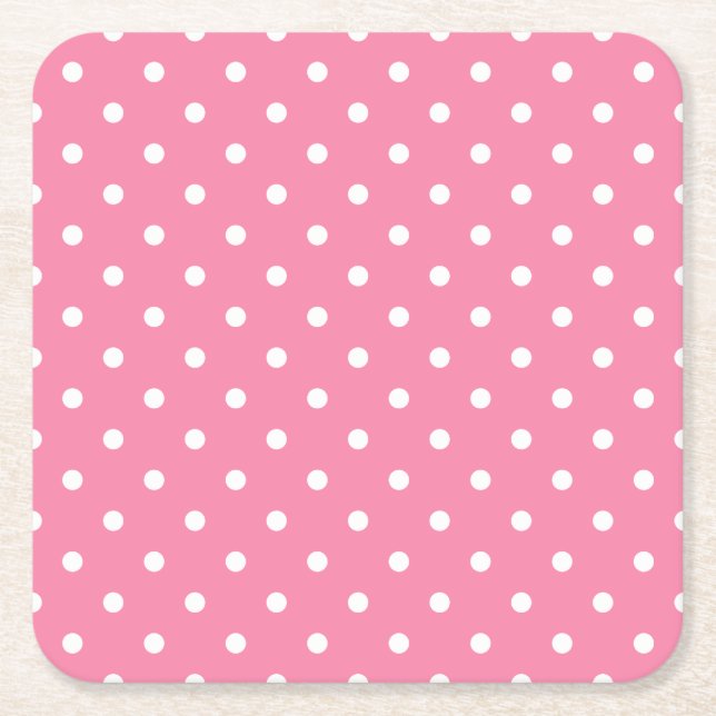 Small White Polka Dots on hot pink Square Paper Coaster (Front)