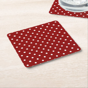 Small White Polka dots red background Square Paper Coaster