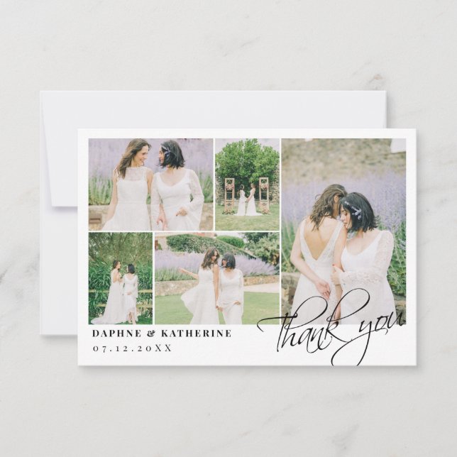 Small White Wedding Photo Collage Script Thank You Card (Front)