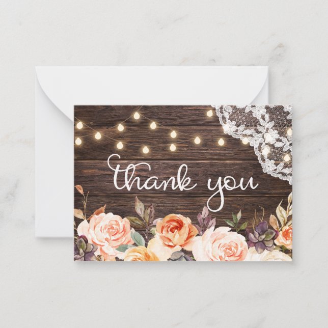 Small Wood Lace Blush & Peach Floral Thank You Card (Front)