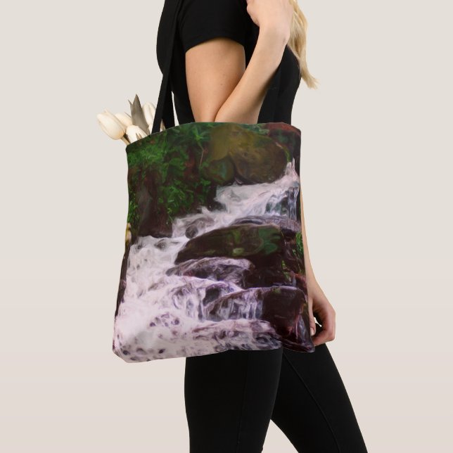 Small Woodland Waterfall Oil Photo Painting  Tote Bag (Close Up)