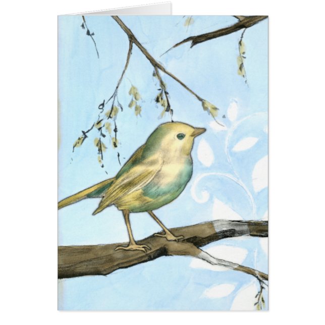 Small Yellow Bird Perched on a Branch Looking up (Front)