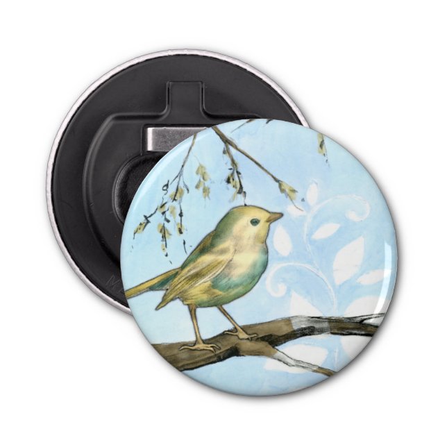 Small Yellow Bird Perched on a Branch Looking up Bottle Opener (Front)