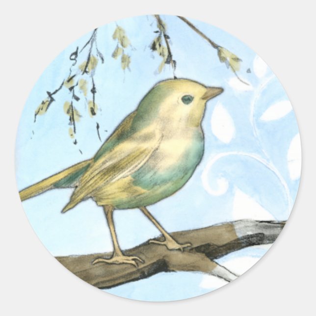 Small Yellow Bird Perched on a Branch Looking up Classic Round Sticker (Front)