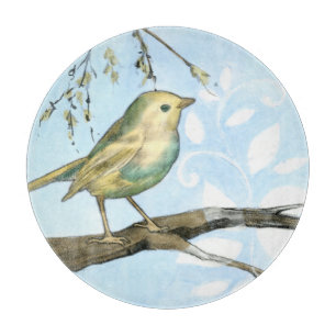 Small Yellow Bird Perched on a Branch Looking up Cutting Board