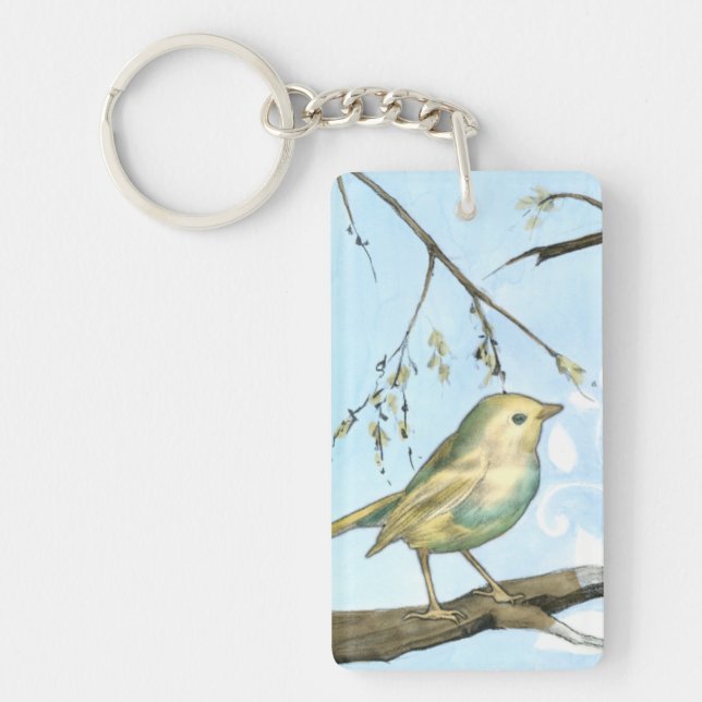 Small Yellow Bird Perched on a Branch Looking up Key Ring (Front)