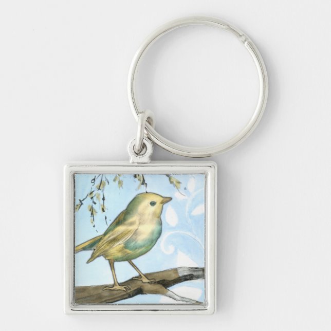 Small Yellow Bird Perched on a Branch Looking up Key Ring (Front)