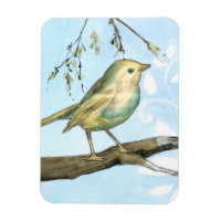 Small Yellow Bird Perched on a Branch Looking up